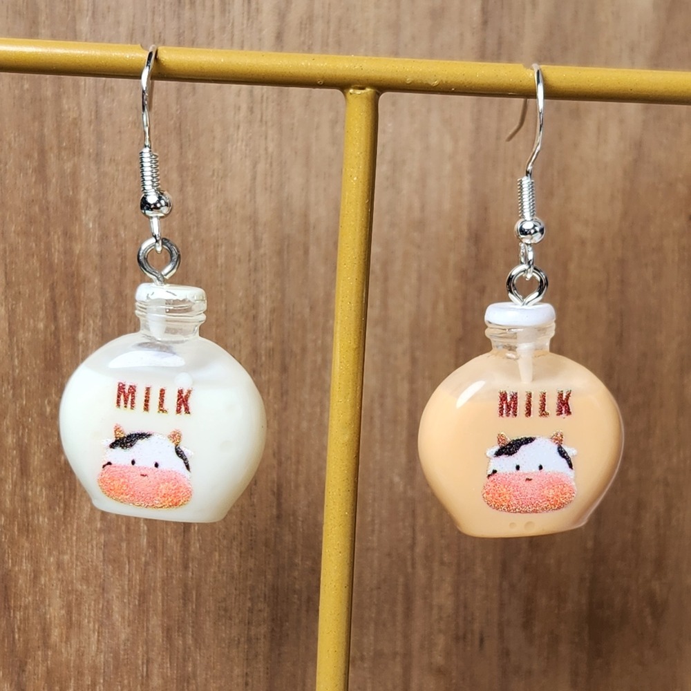 Mismatched Milk Bottle Cow Earrings Novelty Resin Dangle White Chocolate Brown